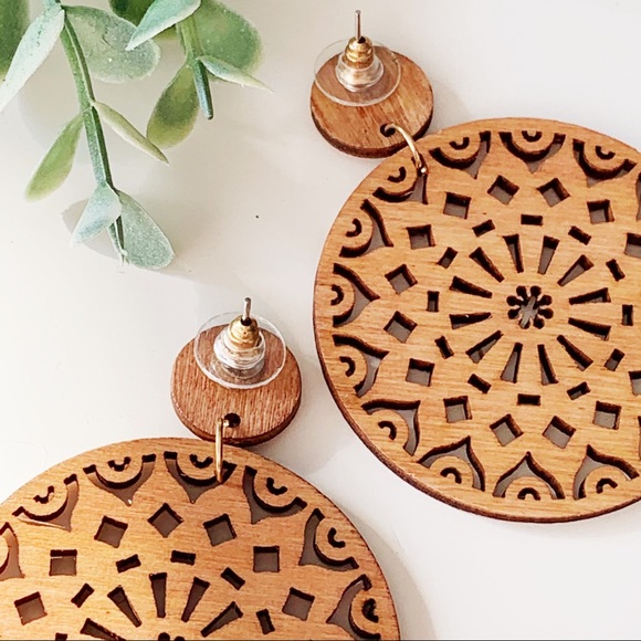 Wood Mandala Round Statement Earrings - Picture 3 of 7